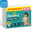 Vorderseite einer Packung Pampers Baby Dry Größe 4. Oben links ist ein blaues Viereck mit der Aufschrift 